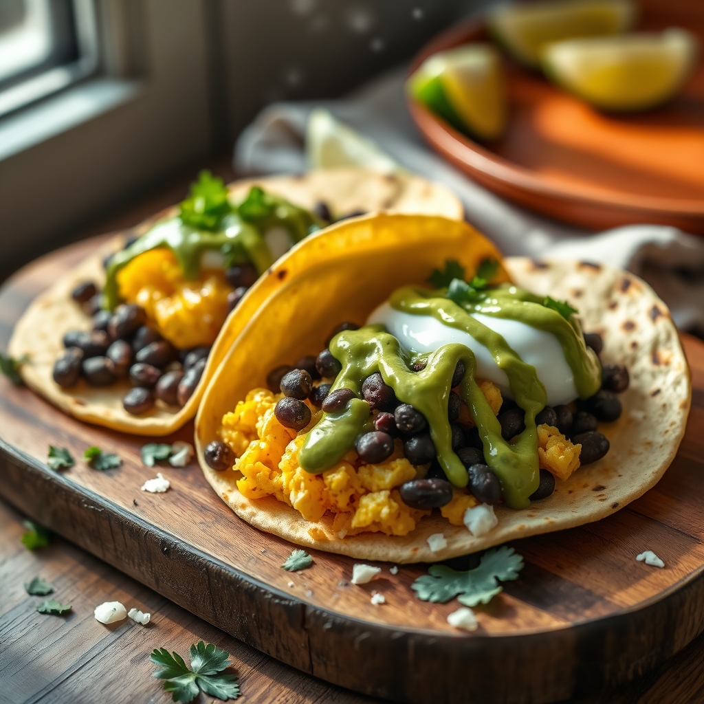breakfast tacos with scrambled eggs black beans avocado crema
