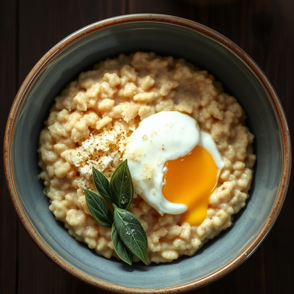 savory oatmeal with parmesan poached egg crispy sage