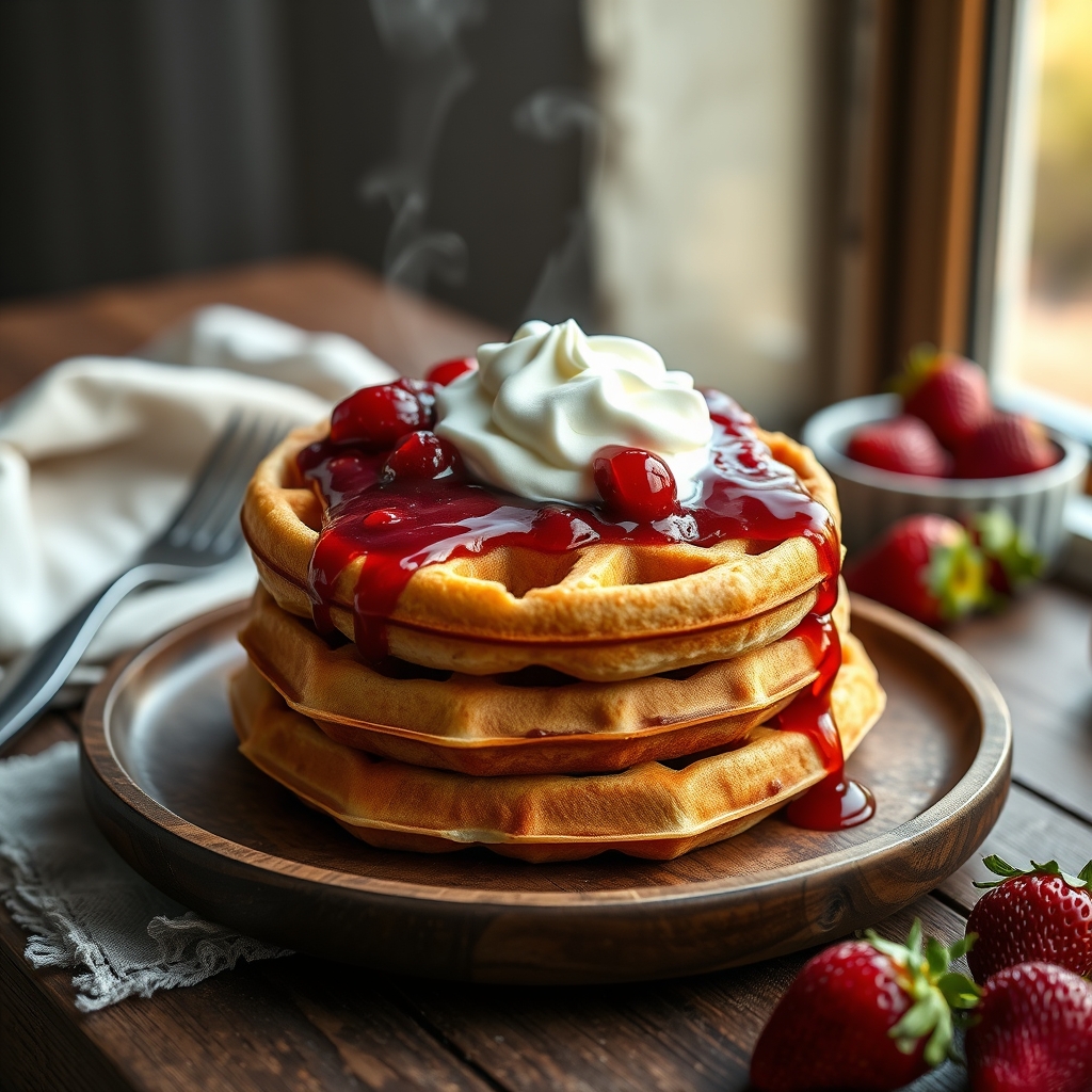 almond flour waffles with strawberry chia compote