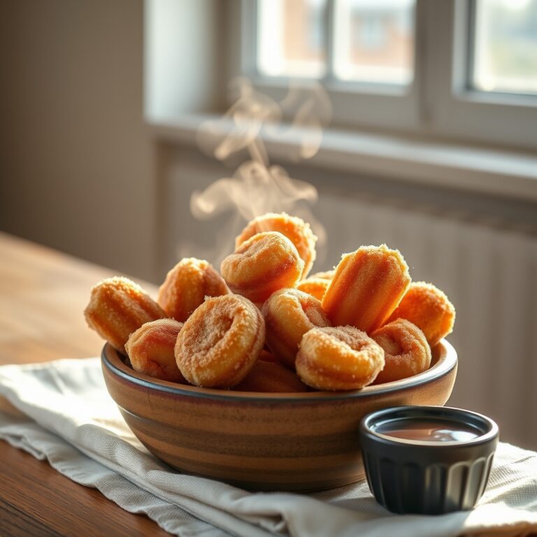 baked cinnamon sugar churro bites with chocolate sauce