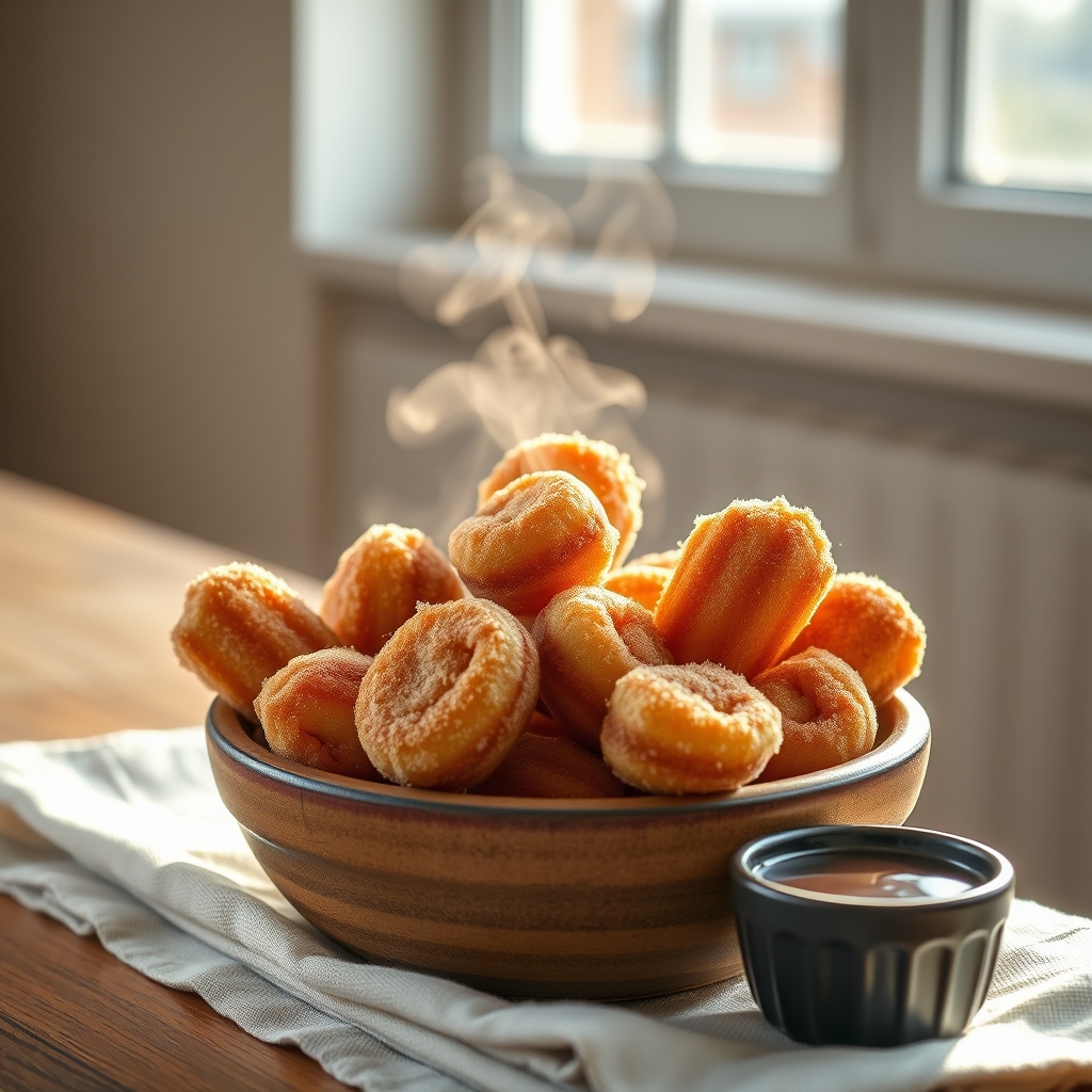 baked cinnamon sugar churro bites with chocolate sauce