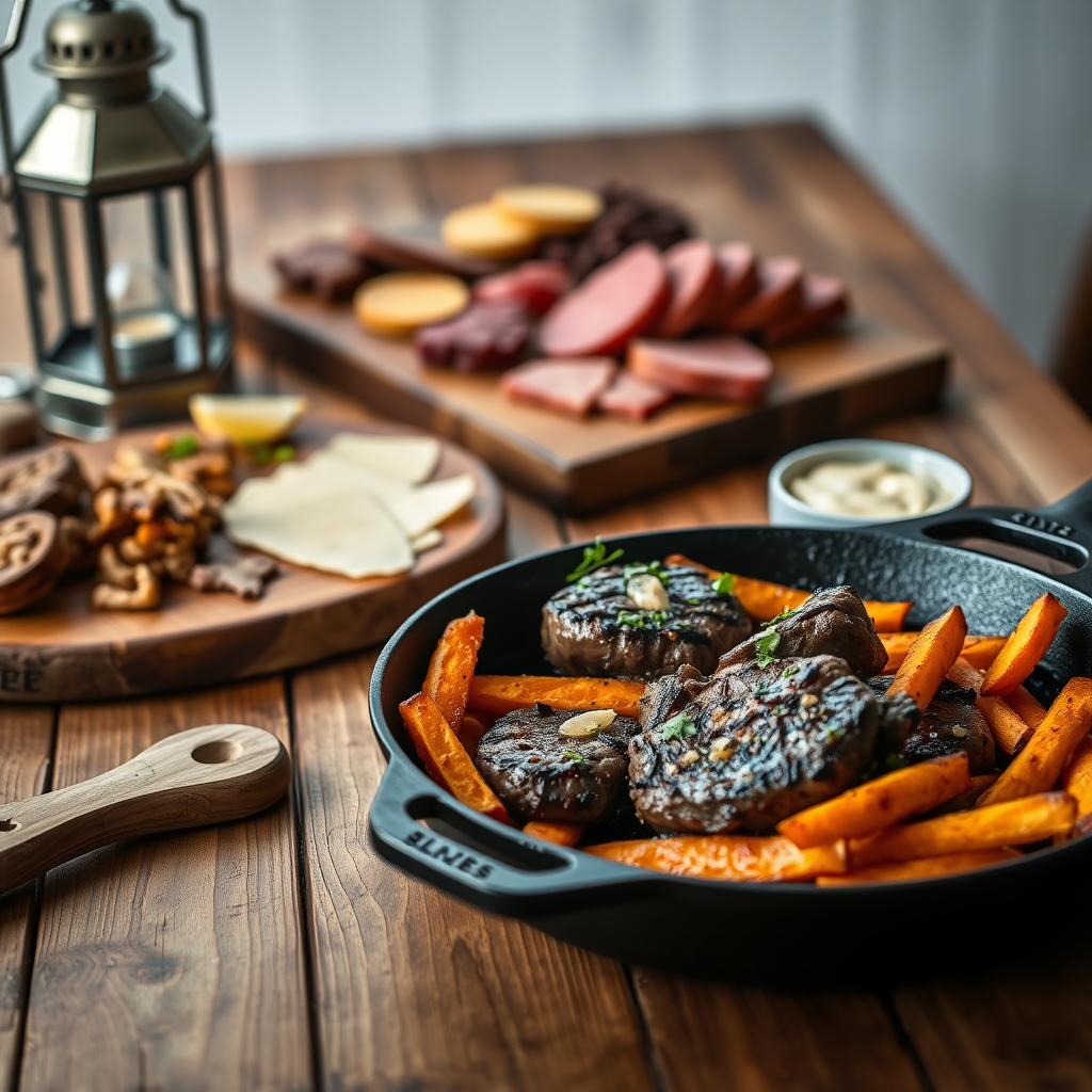 garlic butter steak bites with sweet potato fries