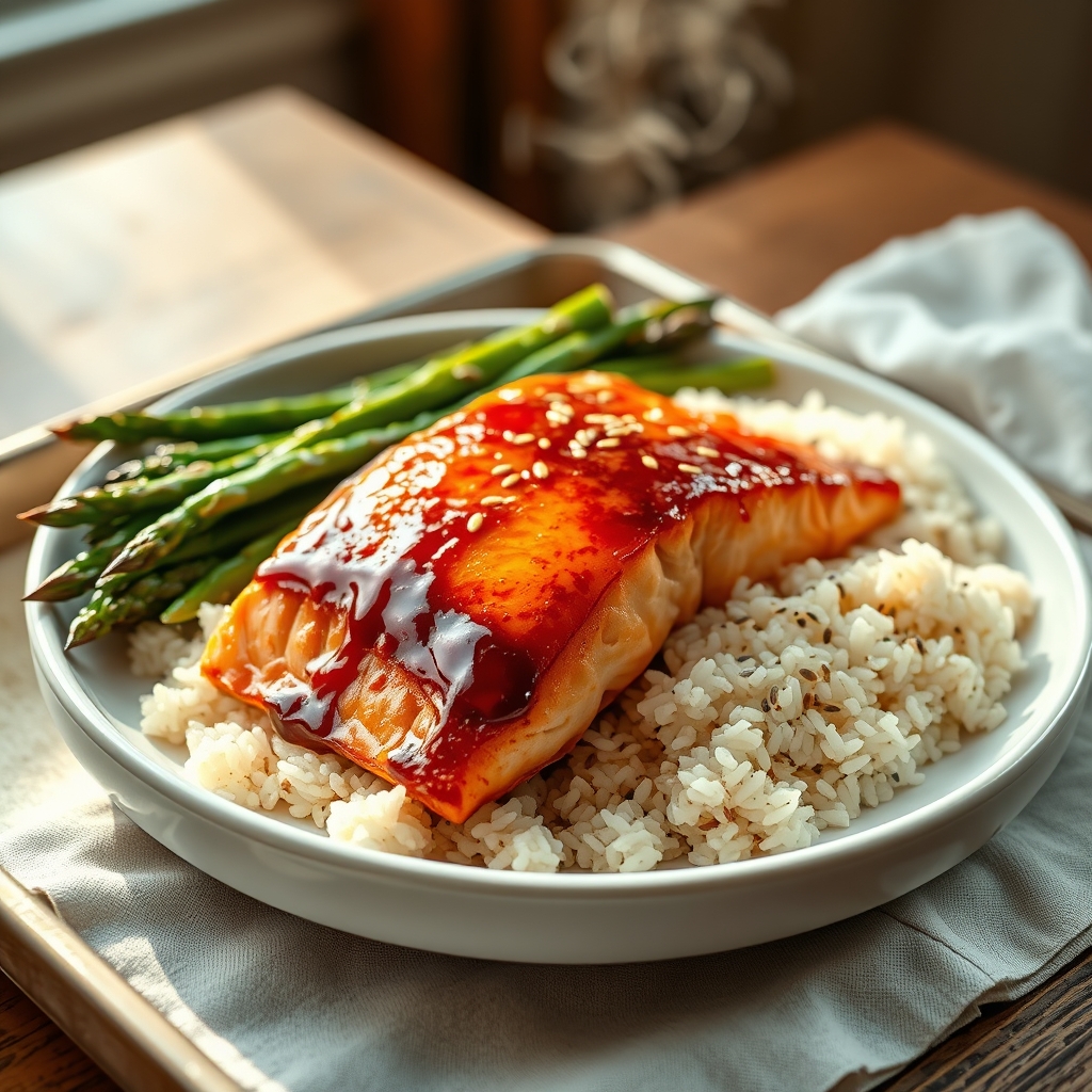 sheet pan teriyaki salmon with asparagus sesame rice