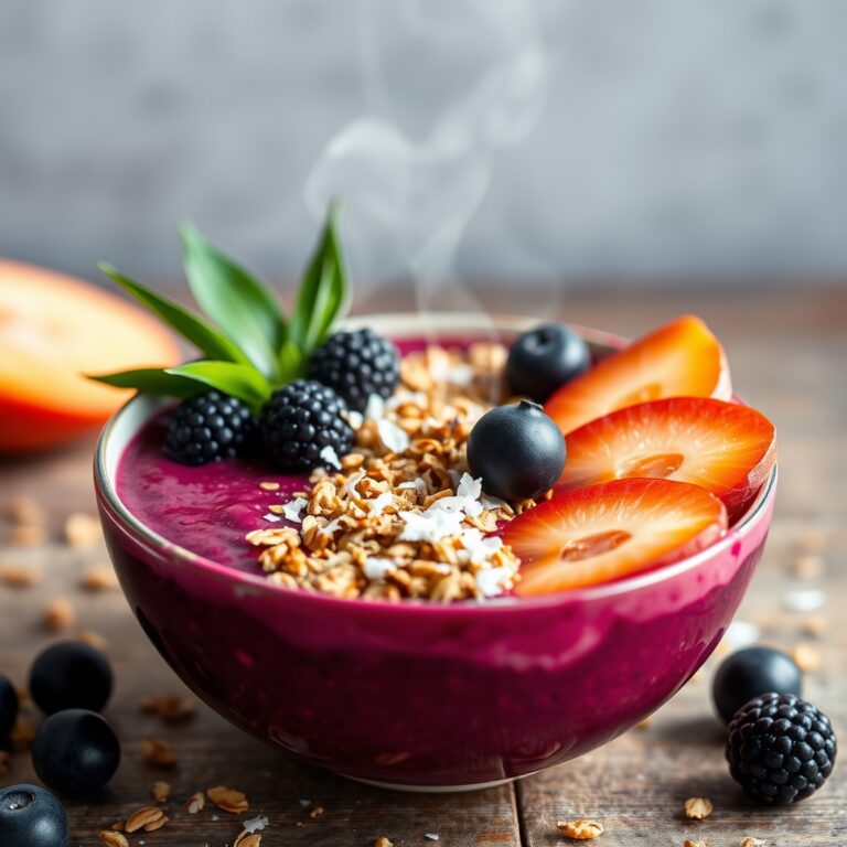 tropical acai bowl with toasted coconut granola