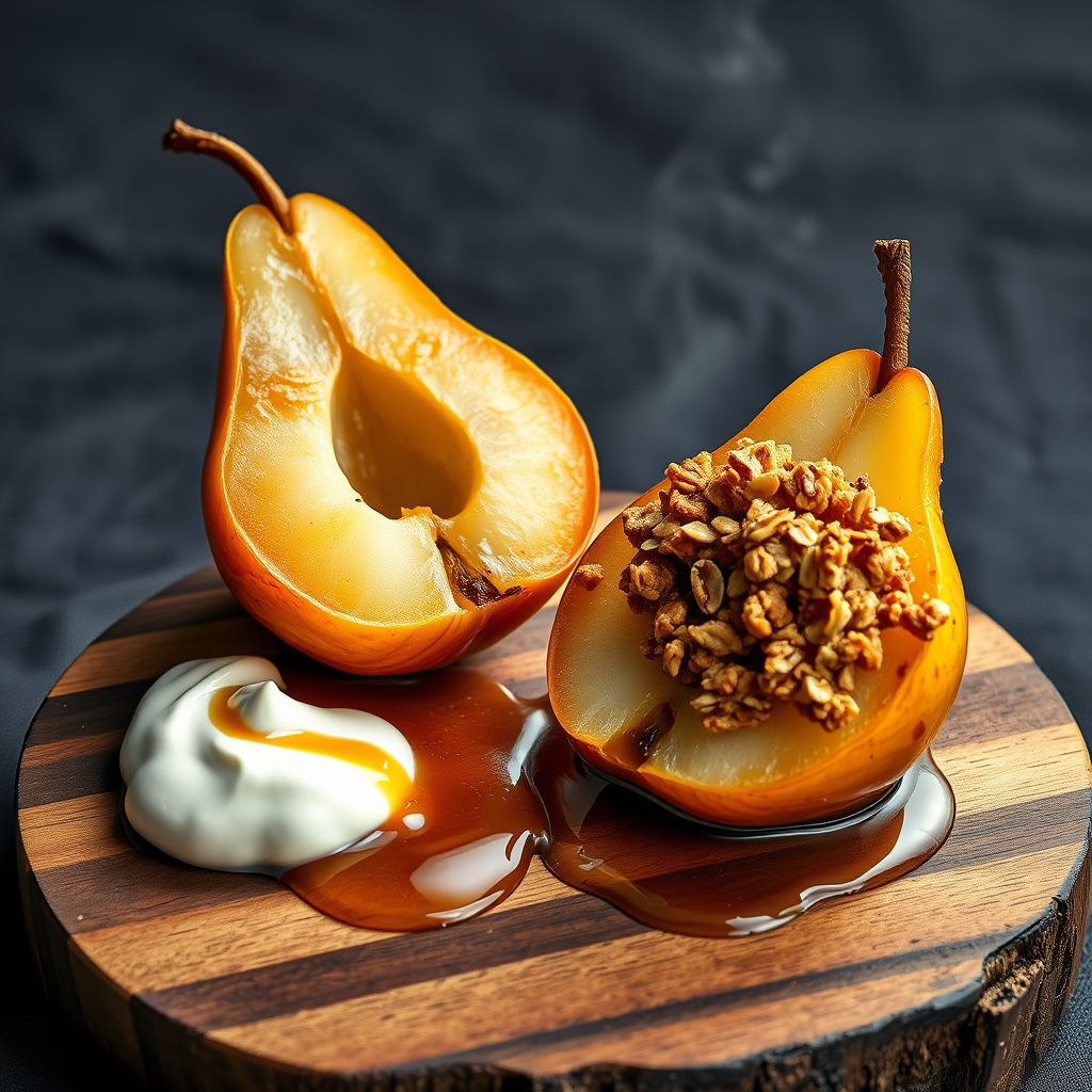 baked pears with oat crumble maple yogurt
