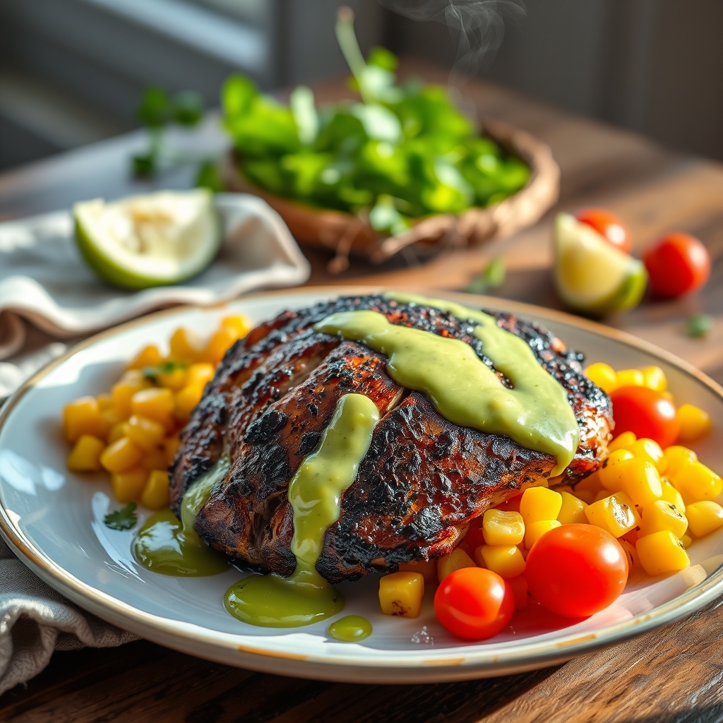 blackened chicken corn salad with creamy avocado dressing