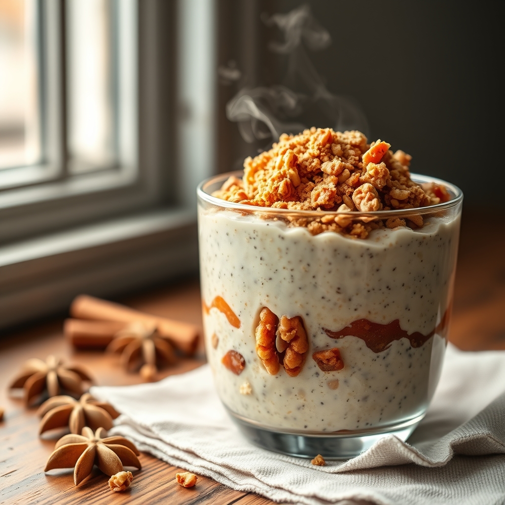 spiced carrot cake overnight oats with walnut crumble