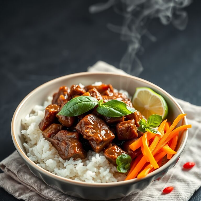 thai basil beef bowls with quick pickled carrots