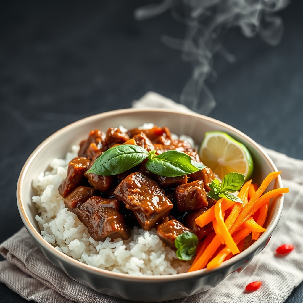 thai basil beef bowls with quick pickled carrots
